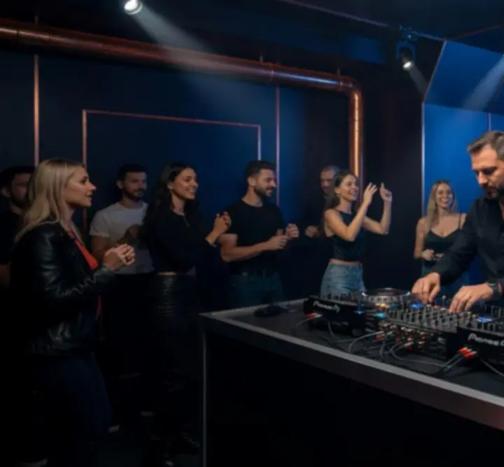 DJ pult fényekkel és táncoló közönséggel
