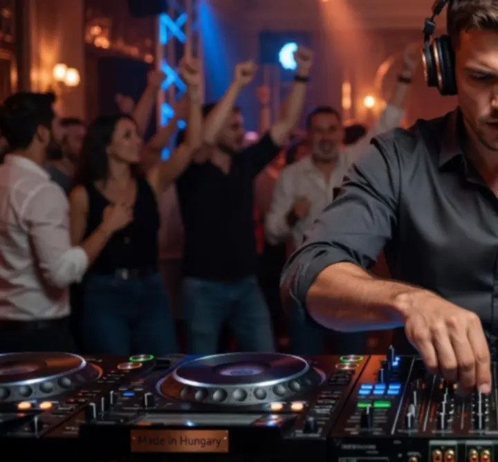 DJ fellépés közben, dinamikus klubhangulatban