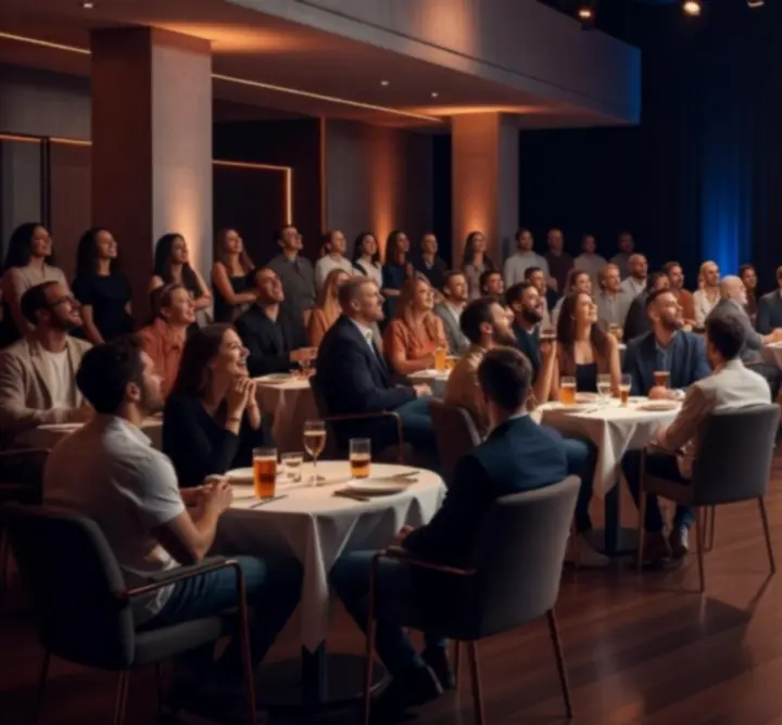 Stand-up esemény helyszíne, nézőkkel teli terem és színpadfények