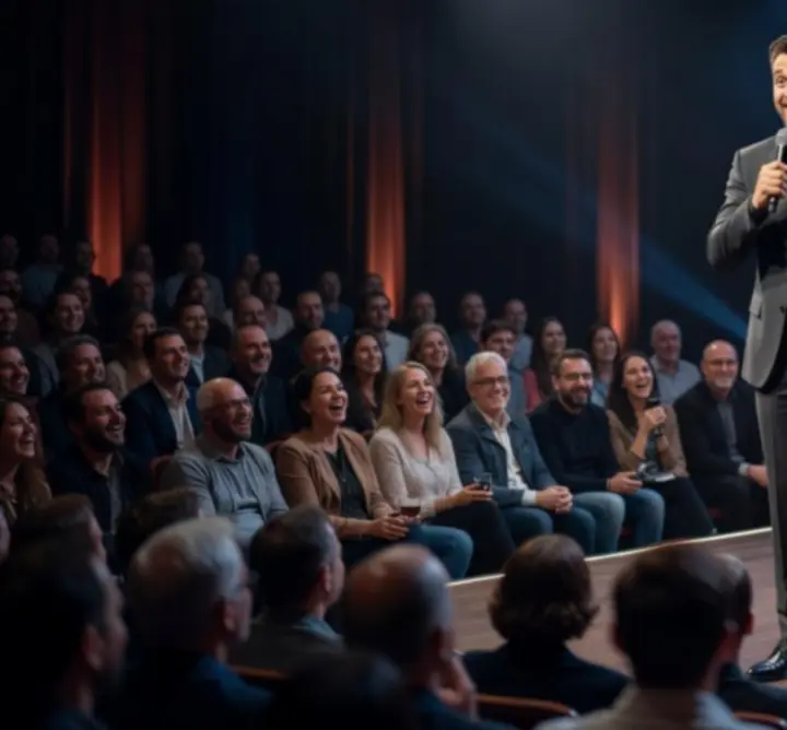 Stand-up humorista színpadon, reflektorokkal megvilágított prémium eseményen